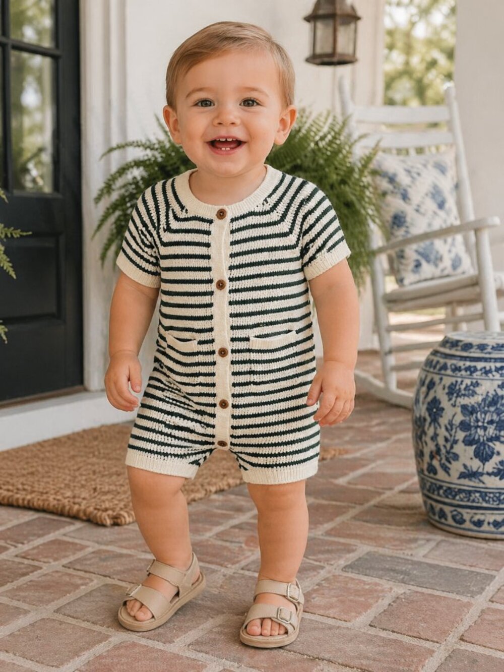 NWT Cloud Island Baby Boy Sweater Romper 12M Green Stripe Knit Soft Cozy Outfit